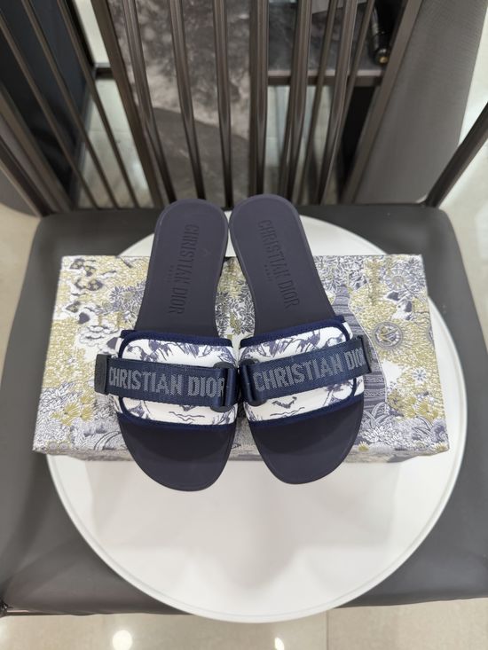 Christian Dior Embroidered Face Pattern Hook Loop Beach Slides