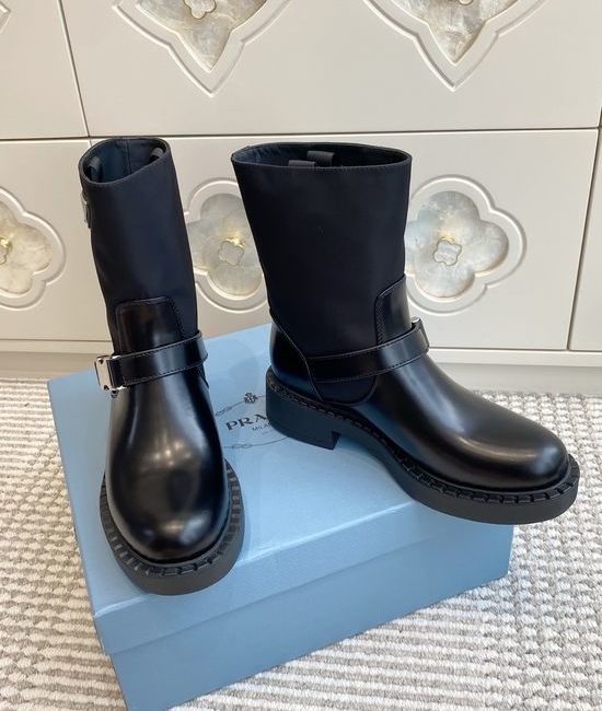 Prada Nylon Leather Buckle Decor Mid-calf Casual Boots