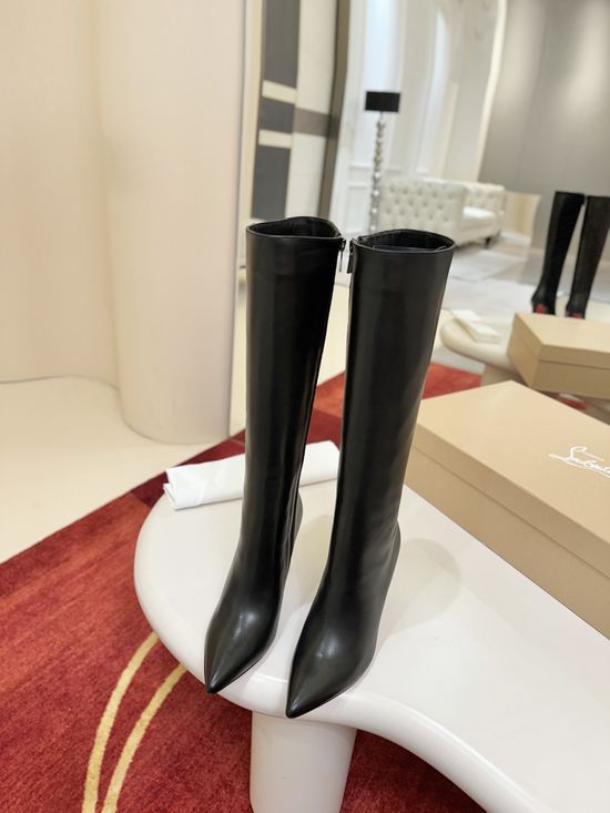 Christian Louboutine Black Knee High Pointed Toe Curved Heel Boots