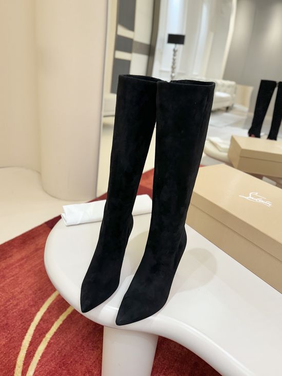 Christian Louboutine Black Knee High Pointed Toe Curved Heel Boots