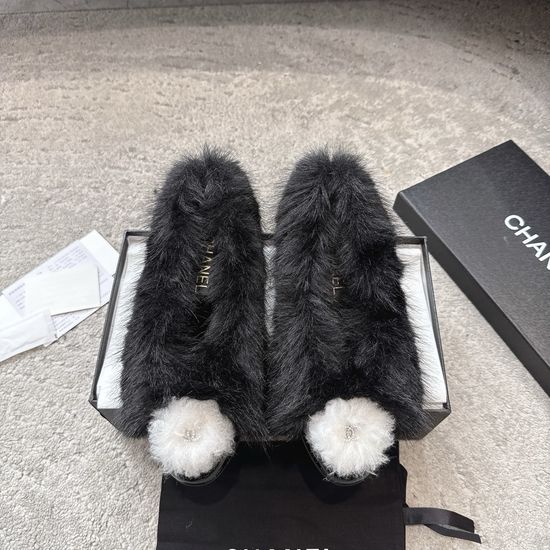 Chanel Fuzzy Loafers with Floral Embellishment Comfortable Flat Shoes