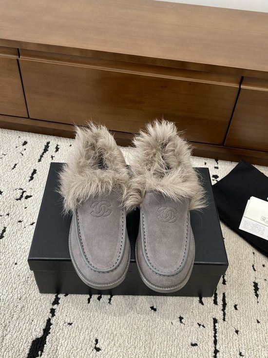 Chanel Warm Suede Fur Lined Loafers With Leather Outsole