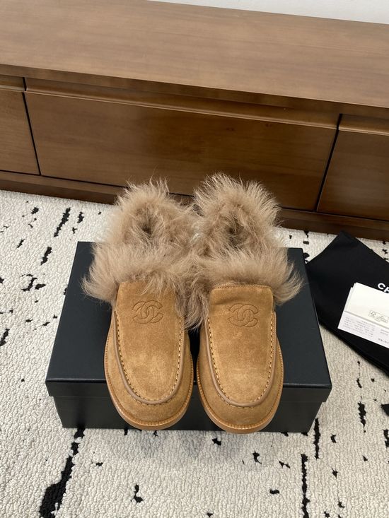 Chanel Warm Suede Fur Lined Loafers With Leather Outsole