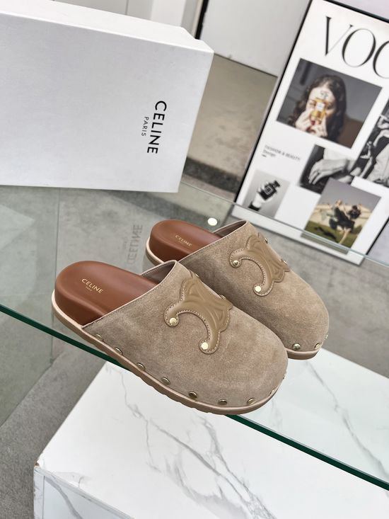 Celine Premium Leather Emblem Detail Comfortable Slip-on Mules