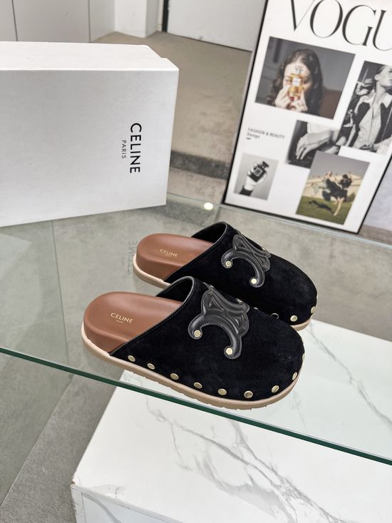 Celine Premium Leather Emblem Detail Comfortable Slip-on Mules