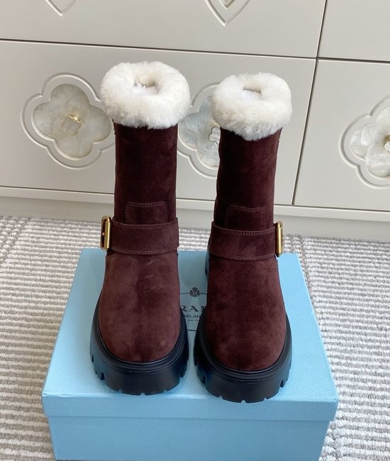 Prada Wool Lined Leather Buckle Platform Ankle Combat Boots