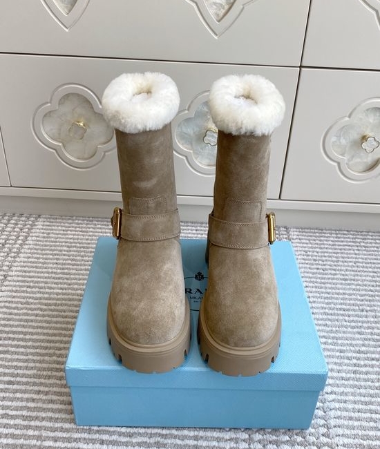 Prada Wool Lined Leather Buckle Platform Ankle Combat Boots