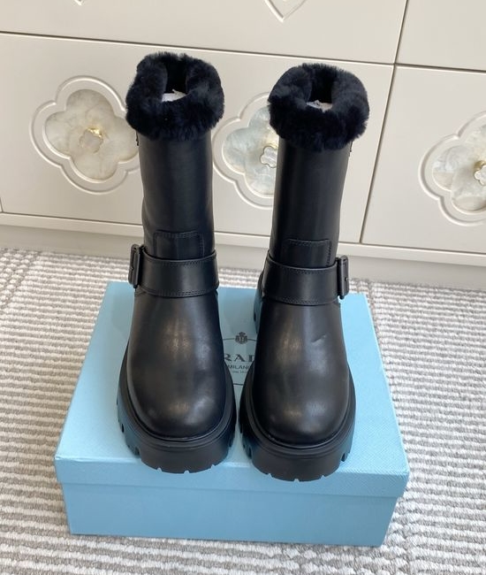 Prada Wool Lined Leather Buckle Platform Ankle Combat Boots