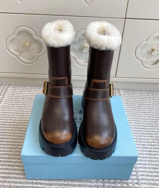 Prada Wool Lined Leather Buckle Platform Ankle Combat Boots