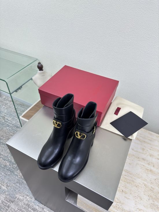 Valentino Black Classic Logo Mid Heel Ankle Boots with Buckle