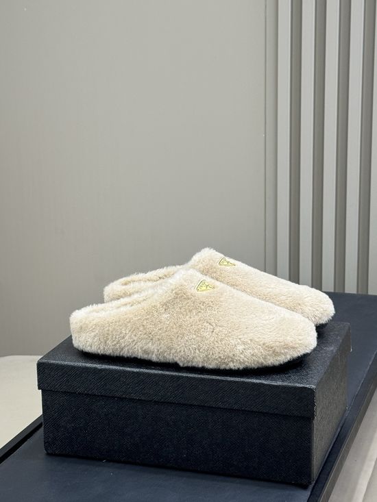 Prada Plush Fuzzy Mule Slippers Soft Lined Non-slip Durable Sole