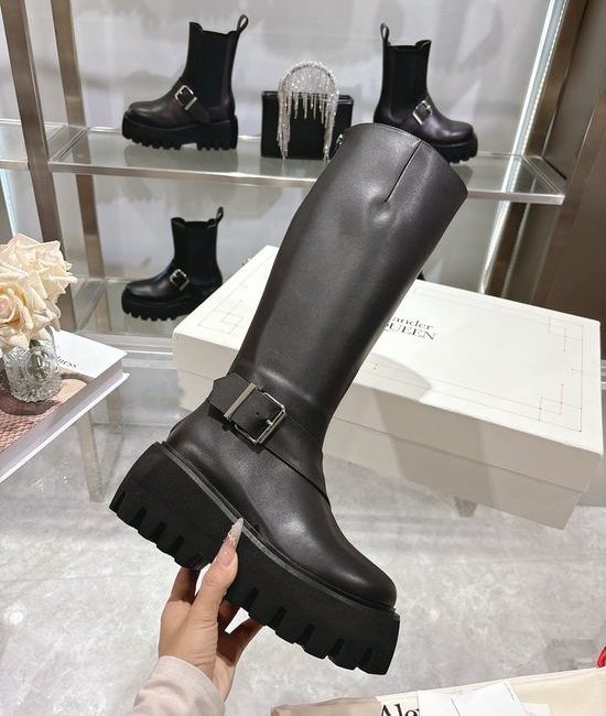 McQueen Elegant Leather Knee-high Boots with Side Buckle Detail