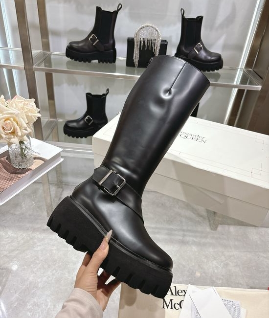 McQueen Elegant Leather Knee-high Boots with Side Buckle Detail