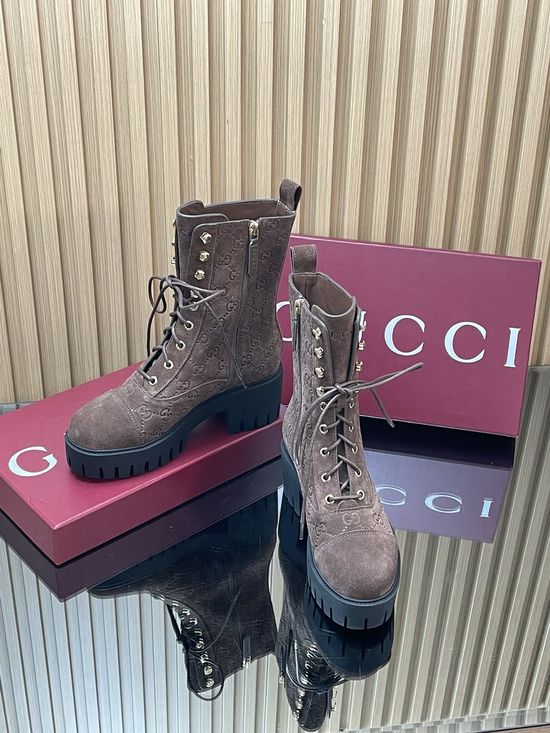 Gucci Embossed Suede Lace-up Platform Ankle Boots