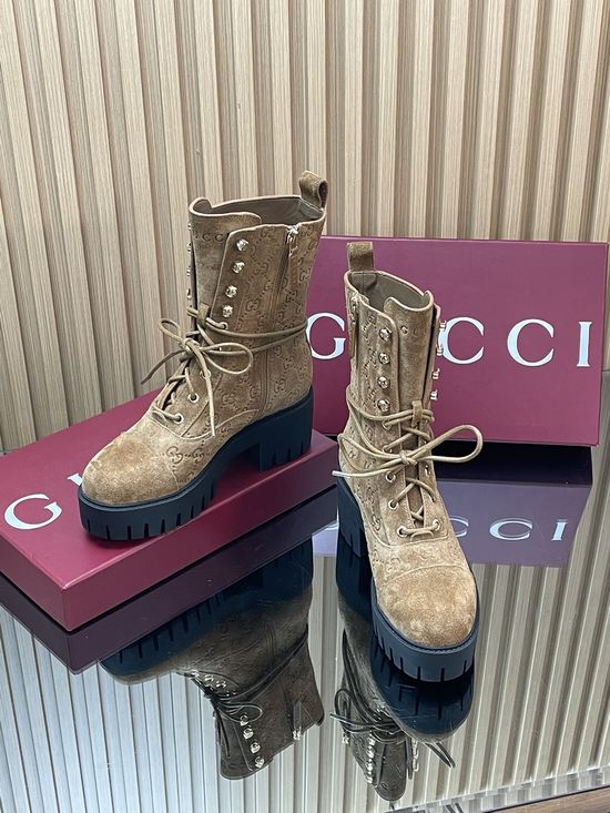 Gucci Embossed Suede Lace-up Platform Ankle Boots