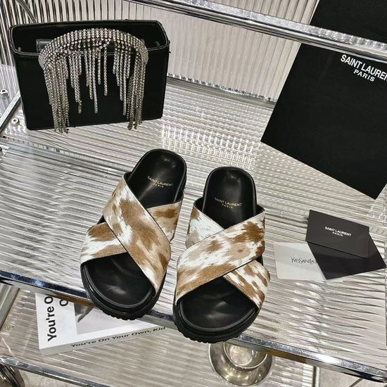 Yves Saint Laurent Animal Print Horsehair Stylish Flat Slides