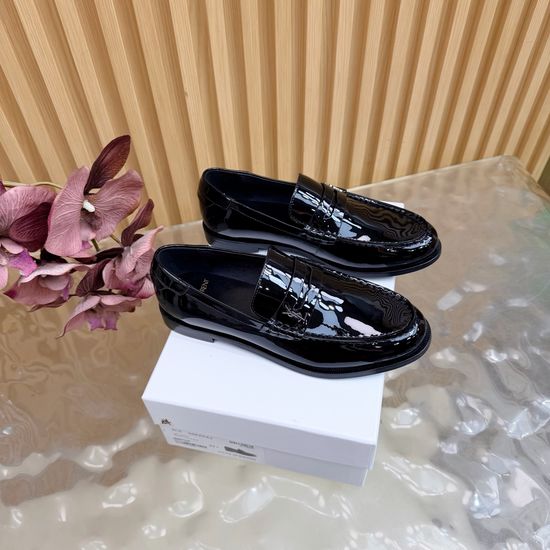 Yves Saint Laurent Minimalist Logo Leather Loafers Elegant Almond Toe Footwear