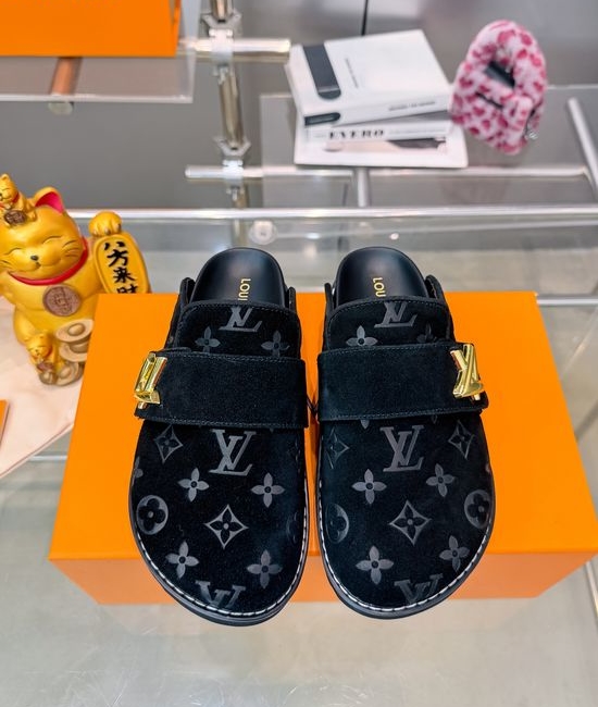 Louis Vuitton LV Embroidered Denim Slides With Logo Decoration