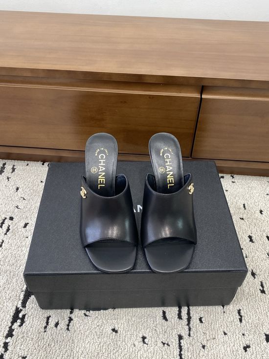 Chanel Patent Leather High Heel Slides With Classic Buttons