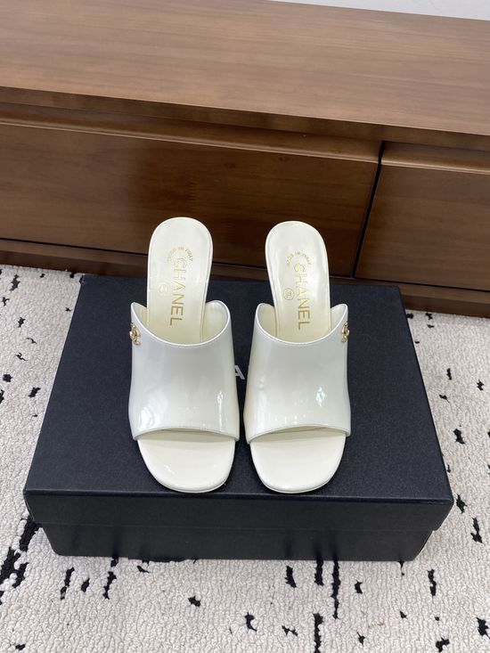 Chanel Patent Leather High Heel Slides With Classic Buttons