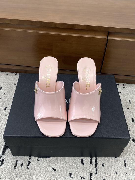 Chanel Patent Leather High Heel Slides With Classic Buttons