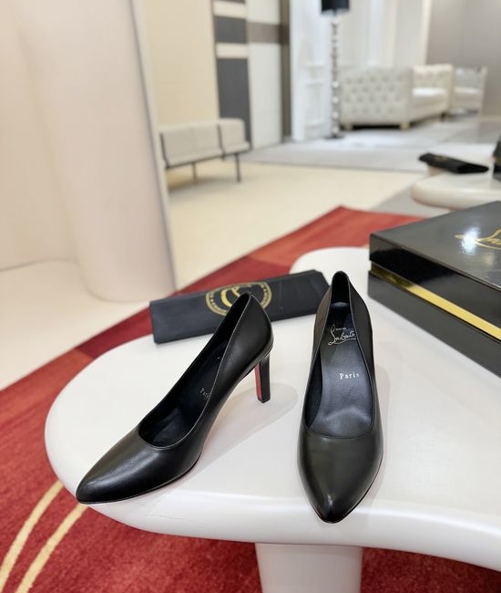 Christian Louboutine Black Leather Pointed Toe Mid Heel Dress Pumps