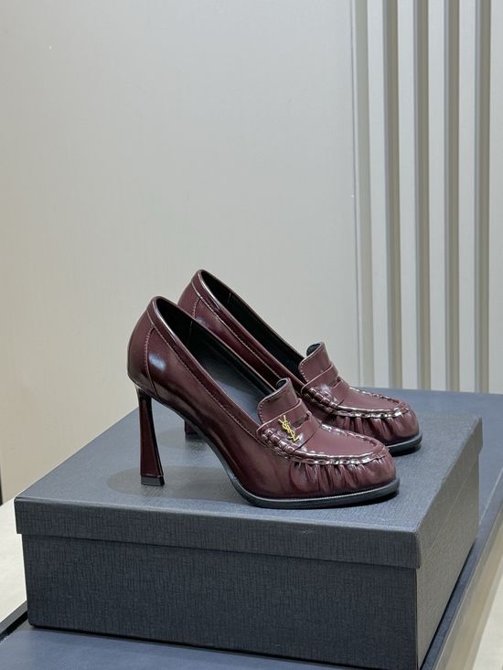 Yves Saint Laurent Patent Leather Block Heel Loafers with Logo Detail