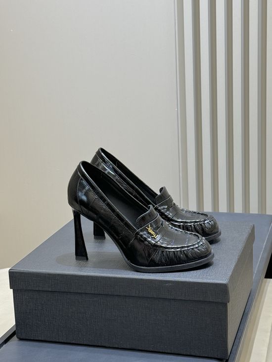 Yves Saint Laurent Patent Leather Block Heel Loafers with Logo Detail