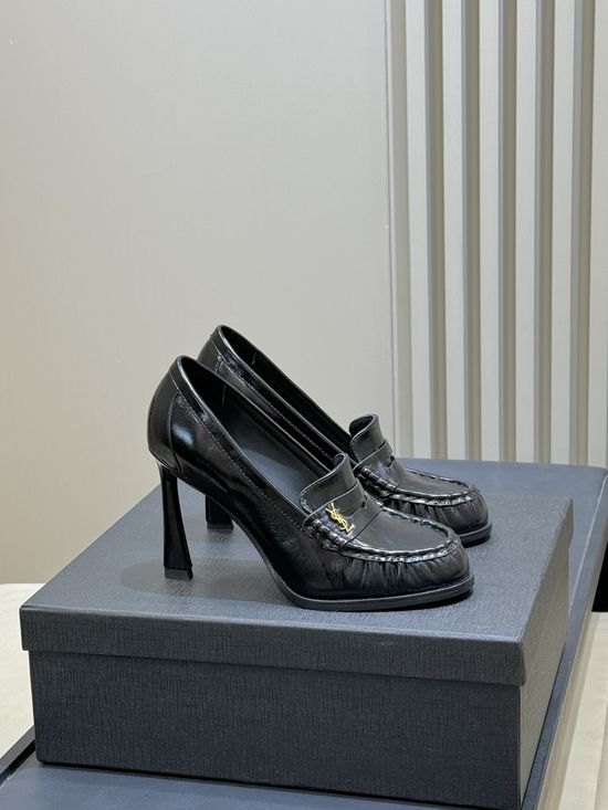 Yves Saint Laurent Patent Leather Block Heel Loafers with Logo Detail