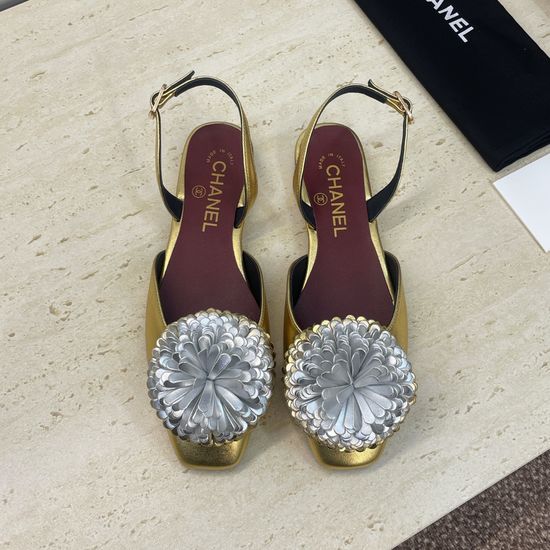 Chanel Color Block Square Toe Slingback Flats with Metal Buckle