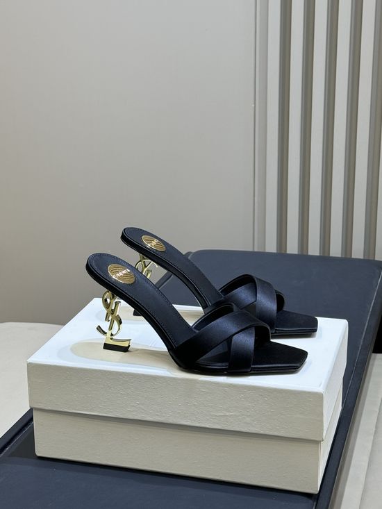 Yves Saint Laurent Elegant Satin High Heel Mules with Logo Heel
