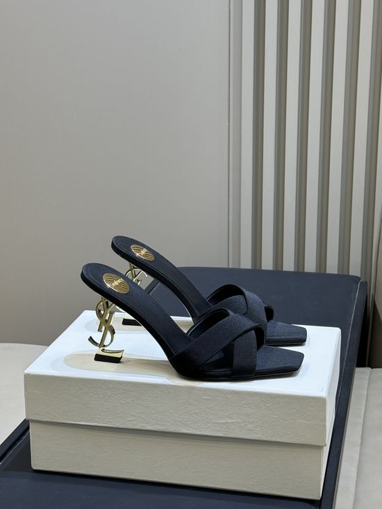 Yves Saint Laurent Elegant Satin High Heel Mules with Logo Heel