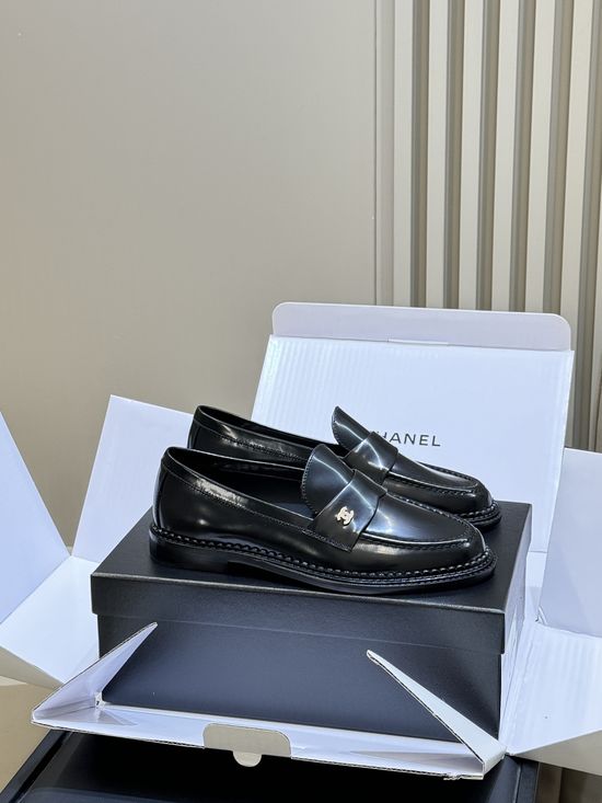 Chanel Premium Leather Loafers With Classic Metal Logo Accent