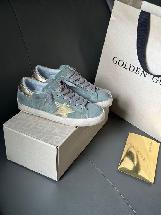 Golden Goose Distressed Green Grey Casual Sneakers with Gold Accents