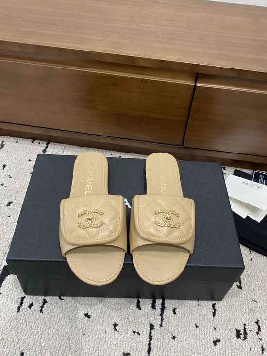 Chanel Genuine Leather Slip On Slides Elegant Comfortable Footwear