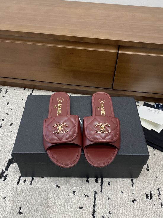 Chanel Genuine Leather Slip On Slides Elegant Comfortable Footwear