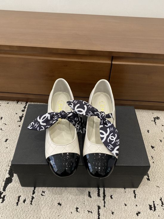Chanel Bow Decor Mary Jane Shoes Pearl Heel Premium Leather