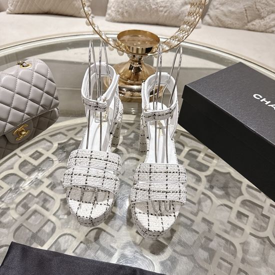 Chanel Elegant High Heel Platform Leather Upper Dress Sandals