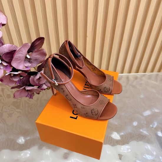 Louis Vuitton High Heel Denim Rhinestone Slippers Goatskin Lining