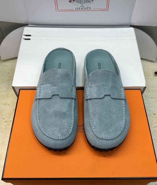 Hermes Flat Round-Toe Casual Mule Slippers with Genuine Leather