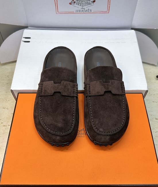 Hermes Flat Round-Toe Casual Mule Slippers with Genuine Leather