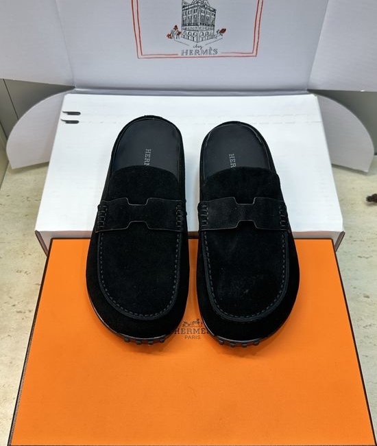 Hermes Flat Round-Toe Casual Mule Slippers with Genuine Leather
