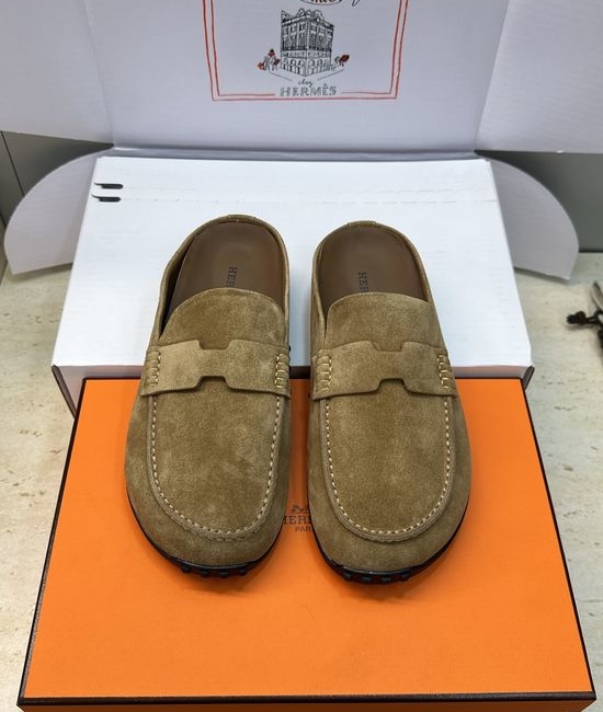 Hermes Flat Round-Toe Casual Mule Slippers with Genuine Leather