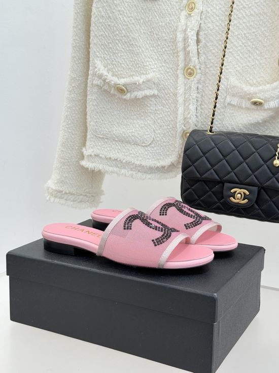 Chanel Mesh Rhinestone Slide Sandals Elegant Breathable Versatile