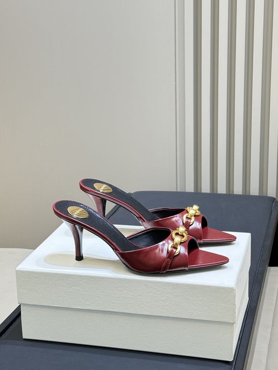 Yves Saint Laurent Chic Pointed Toe Block Heel Mules With Chain Detail