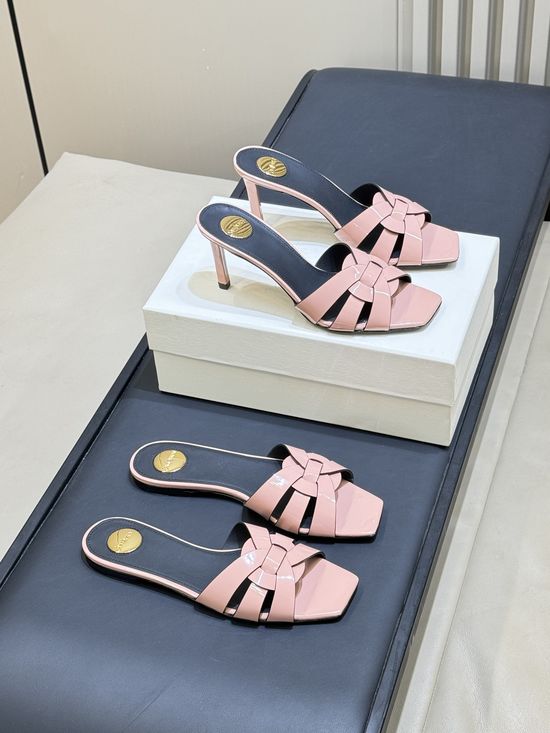 Yves Saint Laurent Woven Leather Square Toe Heeled Slide Sandals