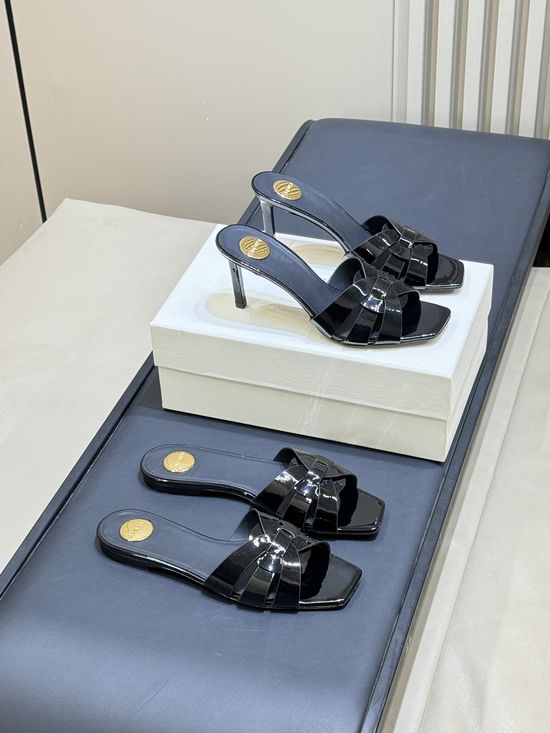 Yves Saint Laurent Woven Leather Square Toe Heeled Slide Sandals