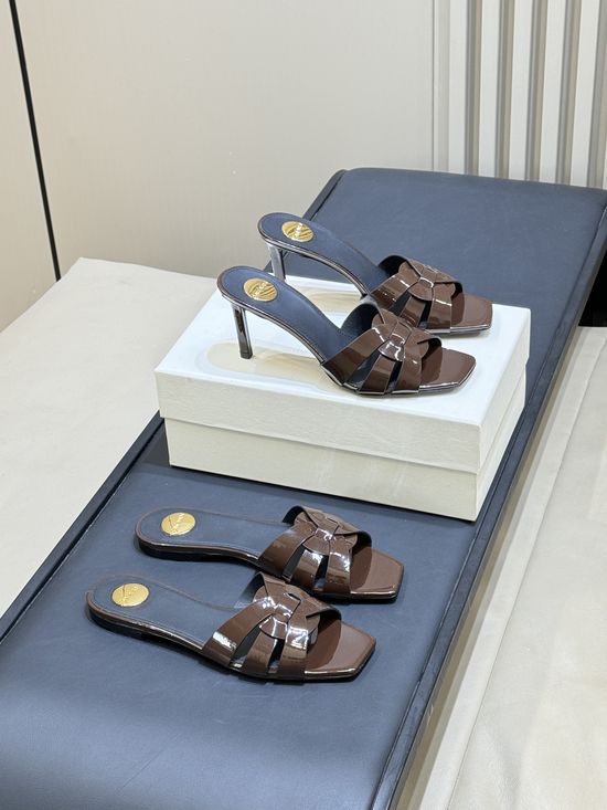 Yves Saint Laurent Woven Leather Square Toe Heeled Slide Sandals
