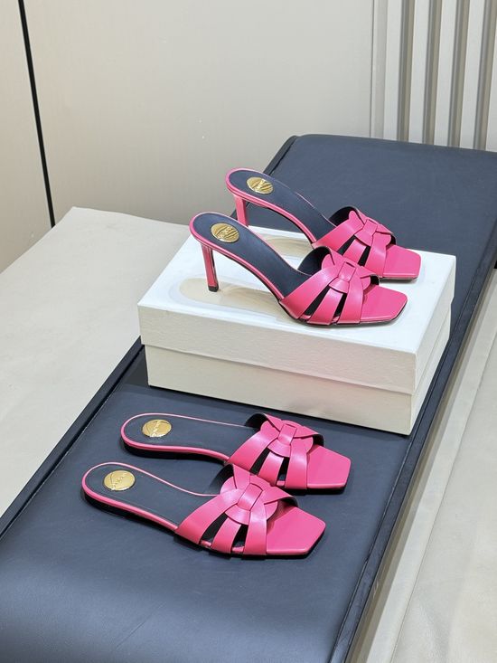 Yves Saint Laurent Woven Leather Square Toe Heeled Slide Sandals
