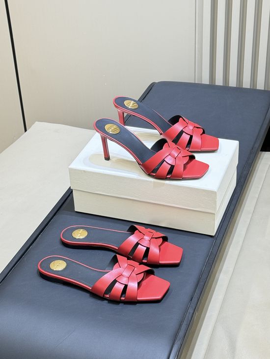 Yves Saint Laurent Woven Leather Square Toe Heeled Slide Sandals